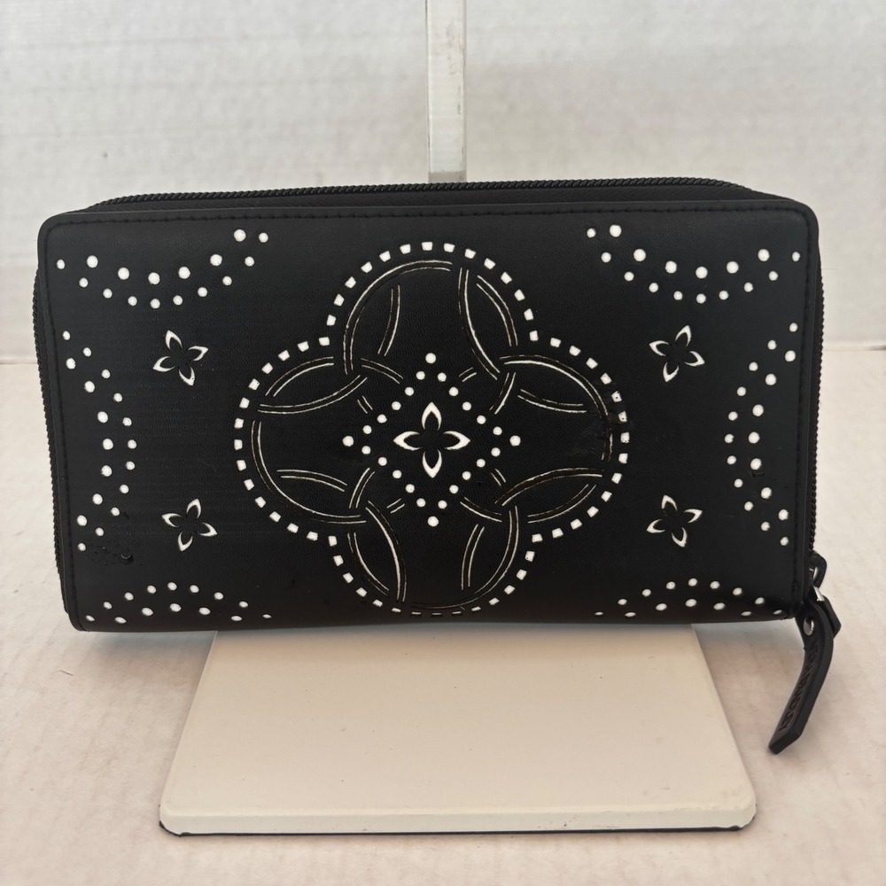 Vera Bradley Zip Around Wallet Womens Black Laser Cut Medallion Faux Leather
